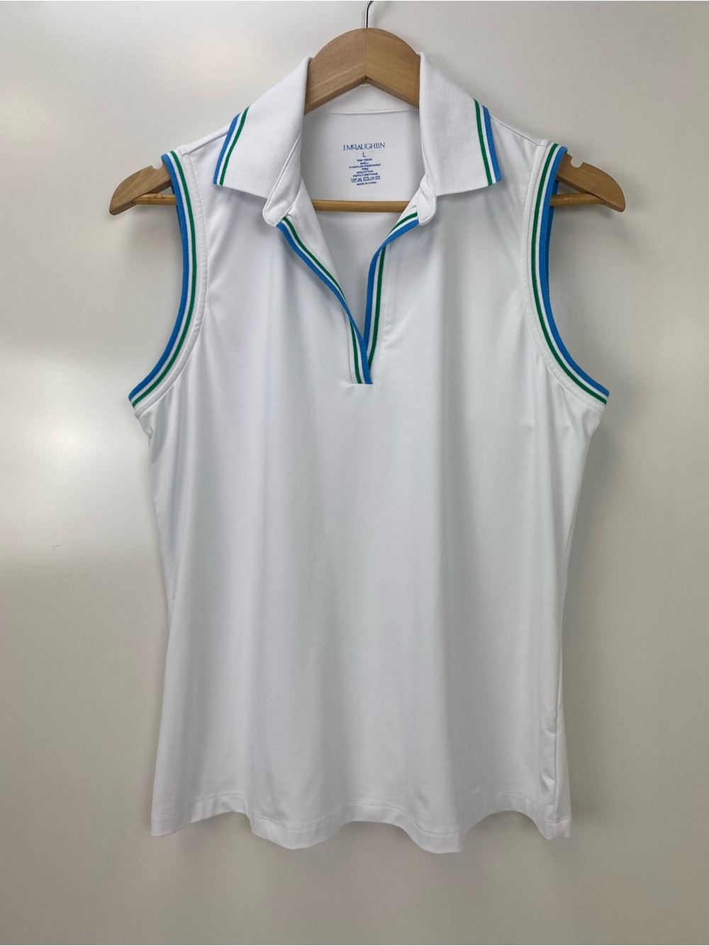 J. McLaughlin White Sleeveless Polo Tank with Blue & Green Trim
